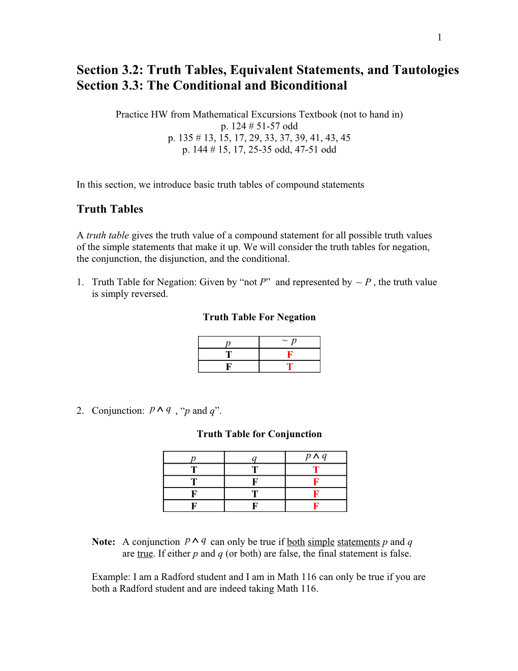 Section 3.2: Truth Tables, Equivalent Statements, and Tautologies