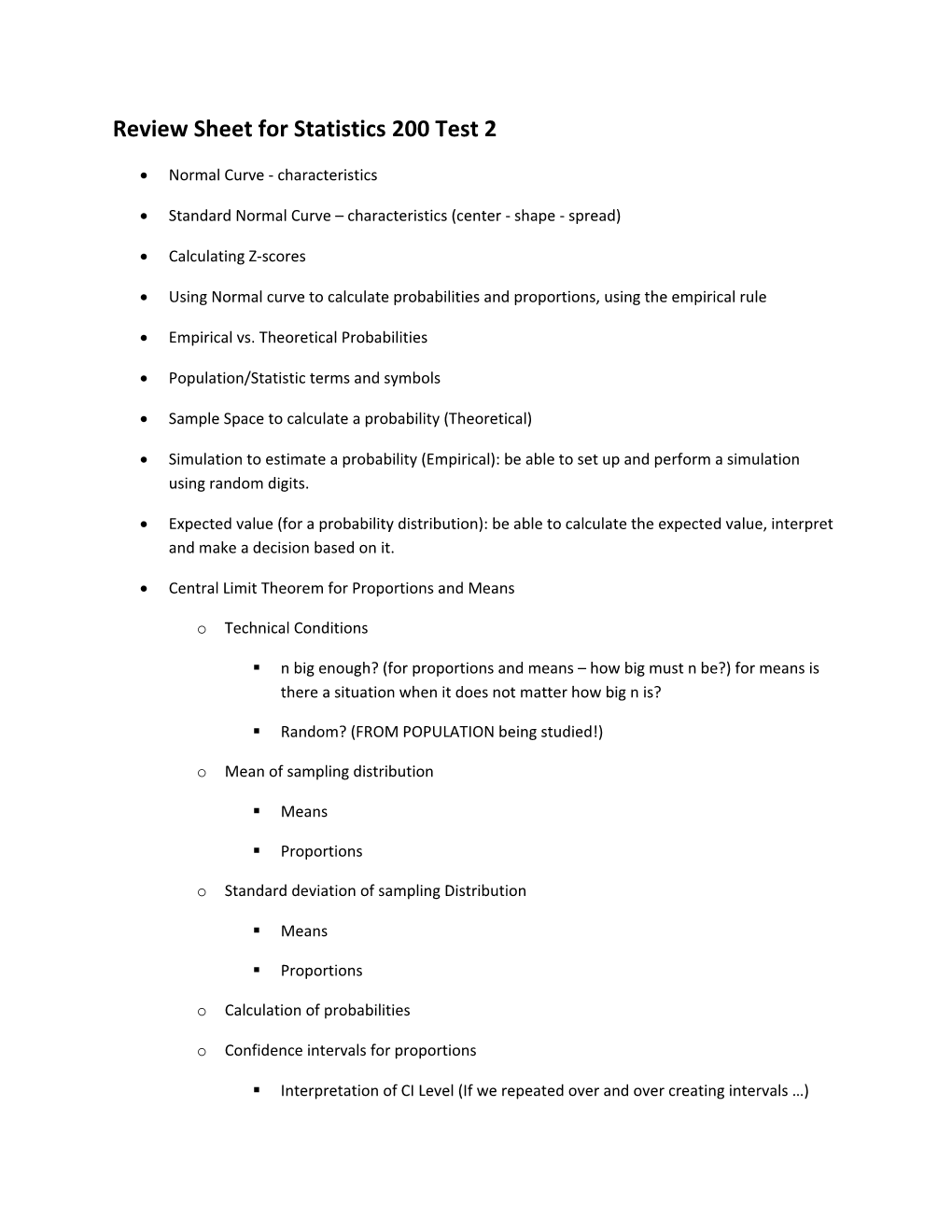 Review Sheet for Statistics 200 Test 2