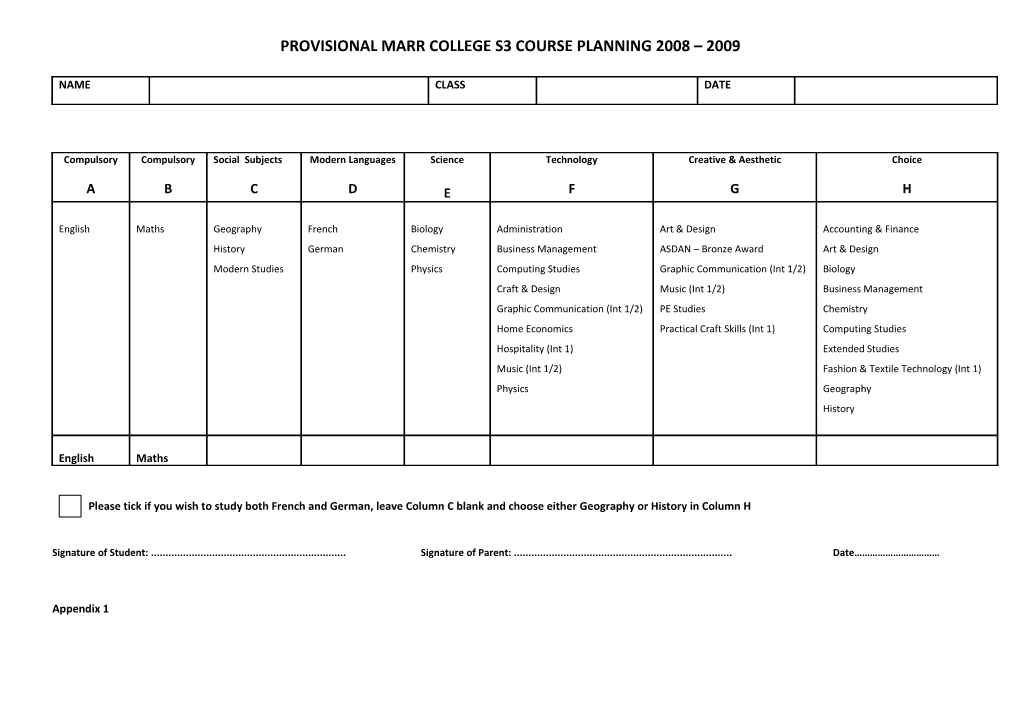 Provisional Marr College S3 Course Planning 2008 2009