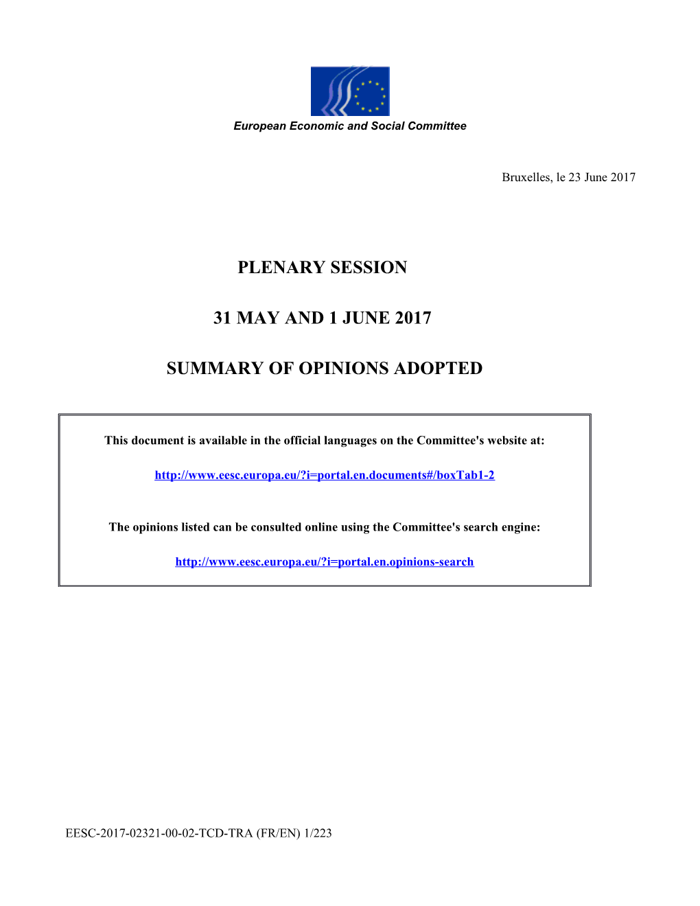 Summary of Opinions Adopted at the May-June 2017 Plenary Session