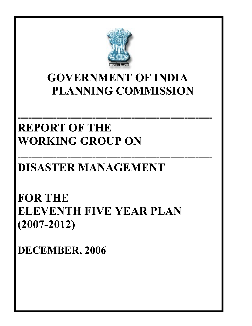 Report of the Working Group on Disaster Management Set up by the Planning Commission