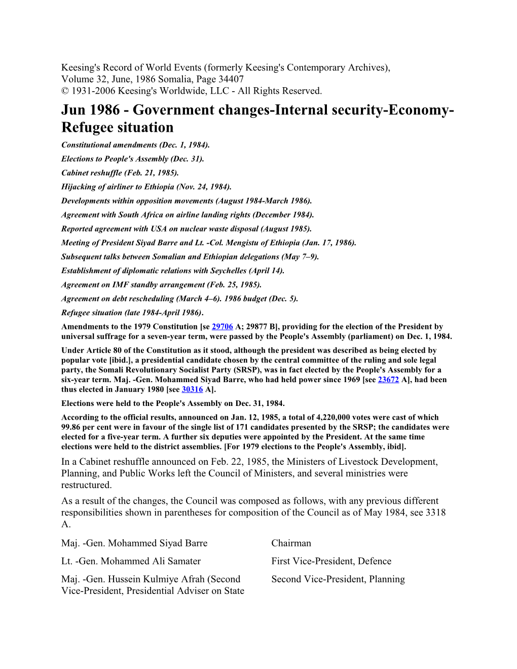 Jun 1986 - Government Changes-Internal Security-Economy-Refugee Situation