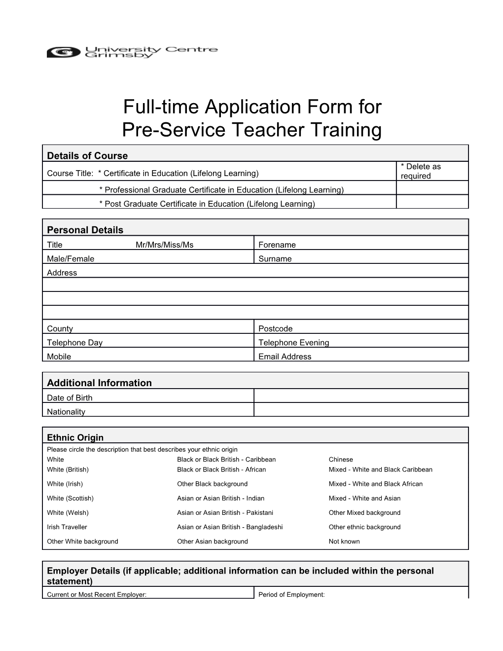 New PT Application Form 2009