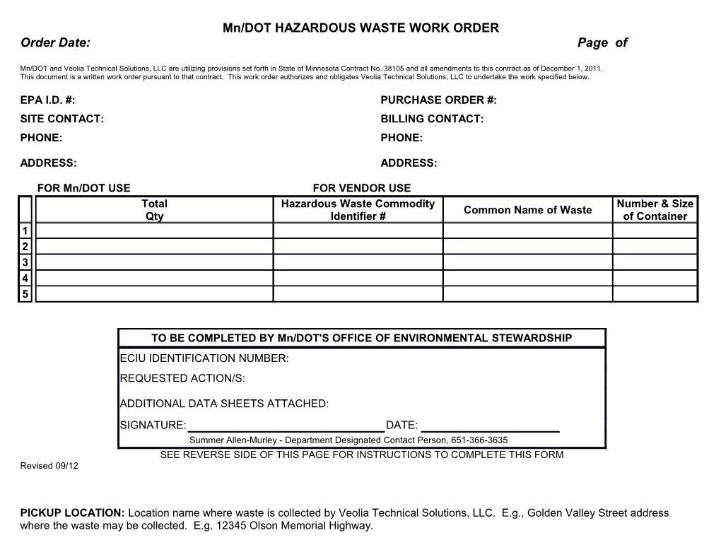 Mn/DOT HAZARDOUS WASTE WORK ORDER