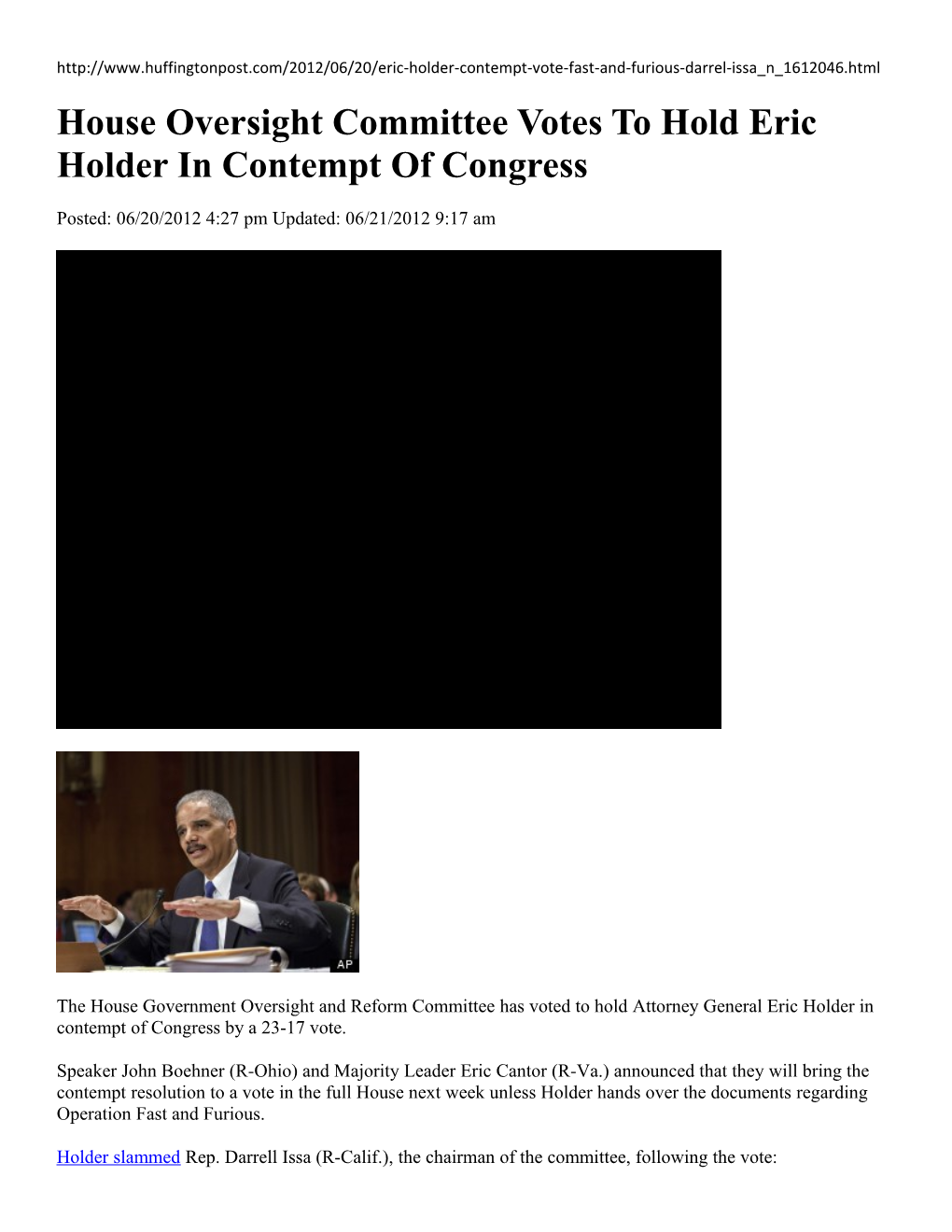 House Oversight Committee Votes to Hold Eric Holder in Contempt of Congress