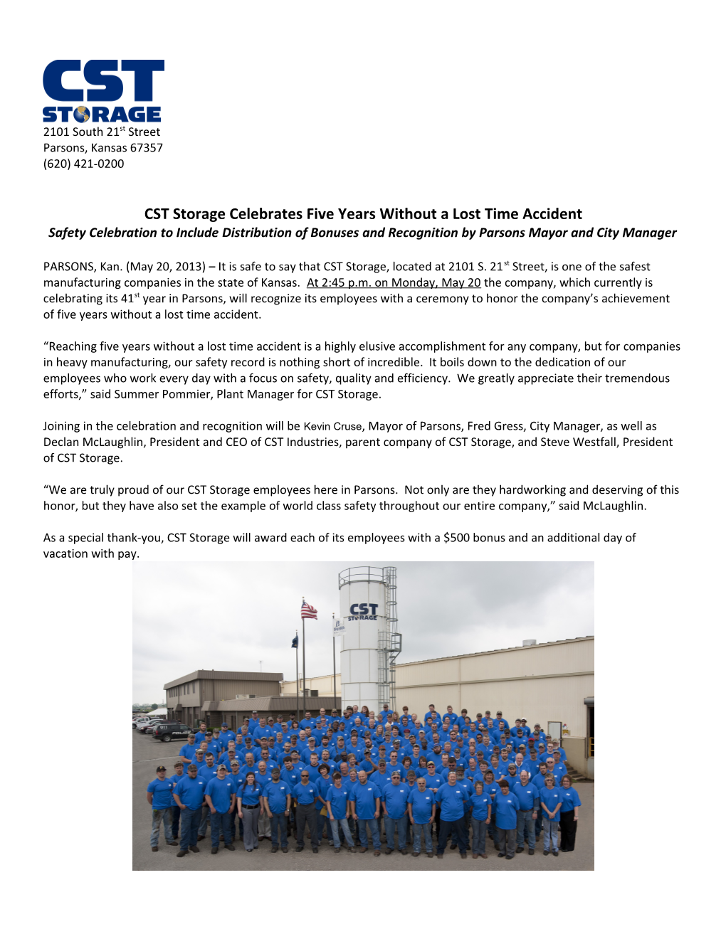 CST Storage Celebrates Five Years Without a Lost Time Accident