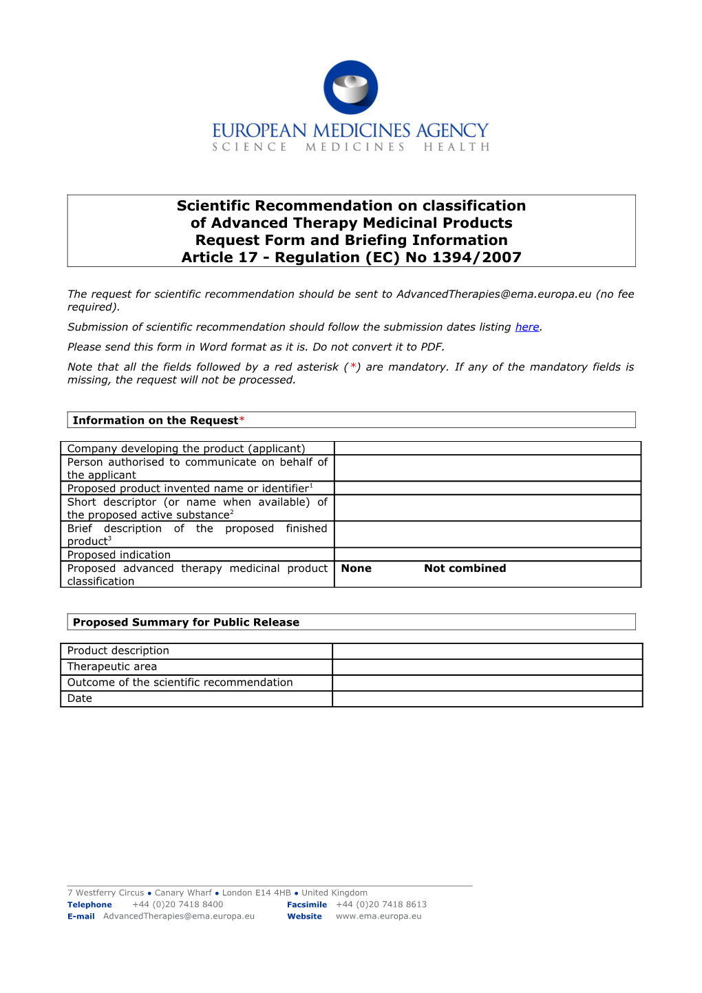 Scientific Recommendation ATMP Classification - Request Form