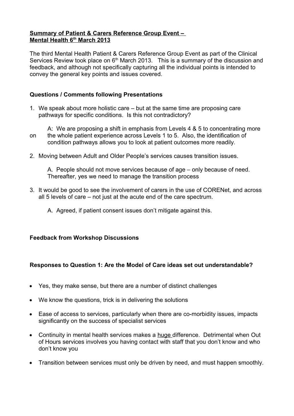 Summary of Patient Reference Group Event Mental Health