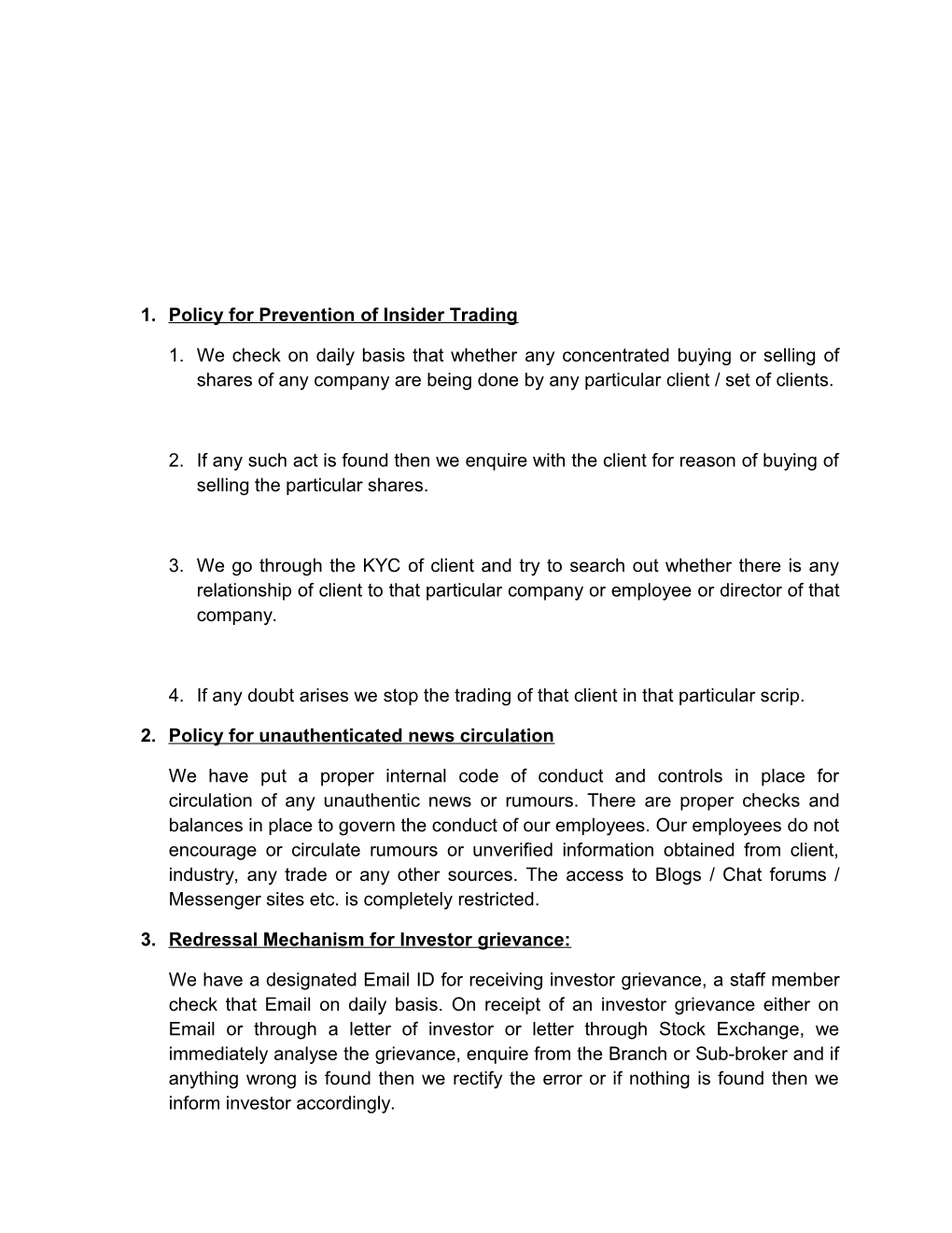 Policy for Prevention of Insider Trading