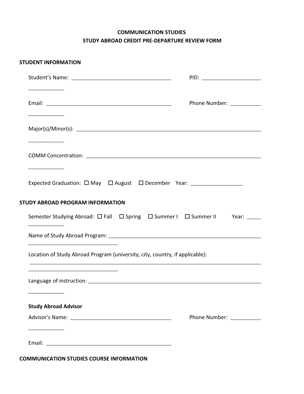 Study Abroad Credit Pre-Departure Review Form