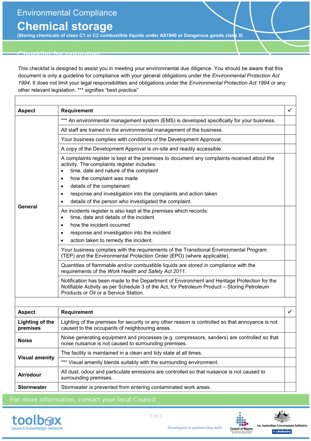 Operator Self Assessment Checklist - Chemical Storage
