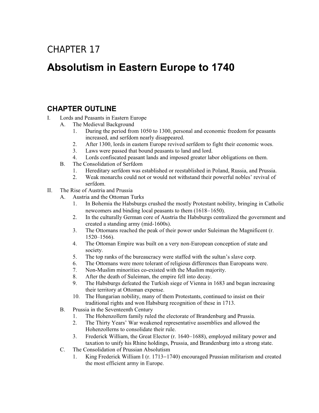 Chapter 17: Absolutism in Eastern Europe to 1740 1