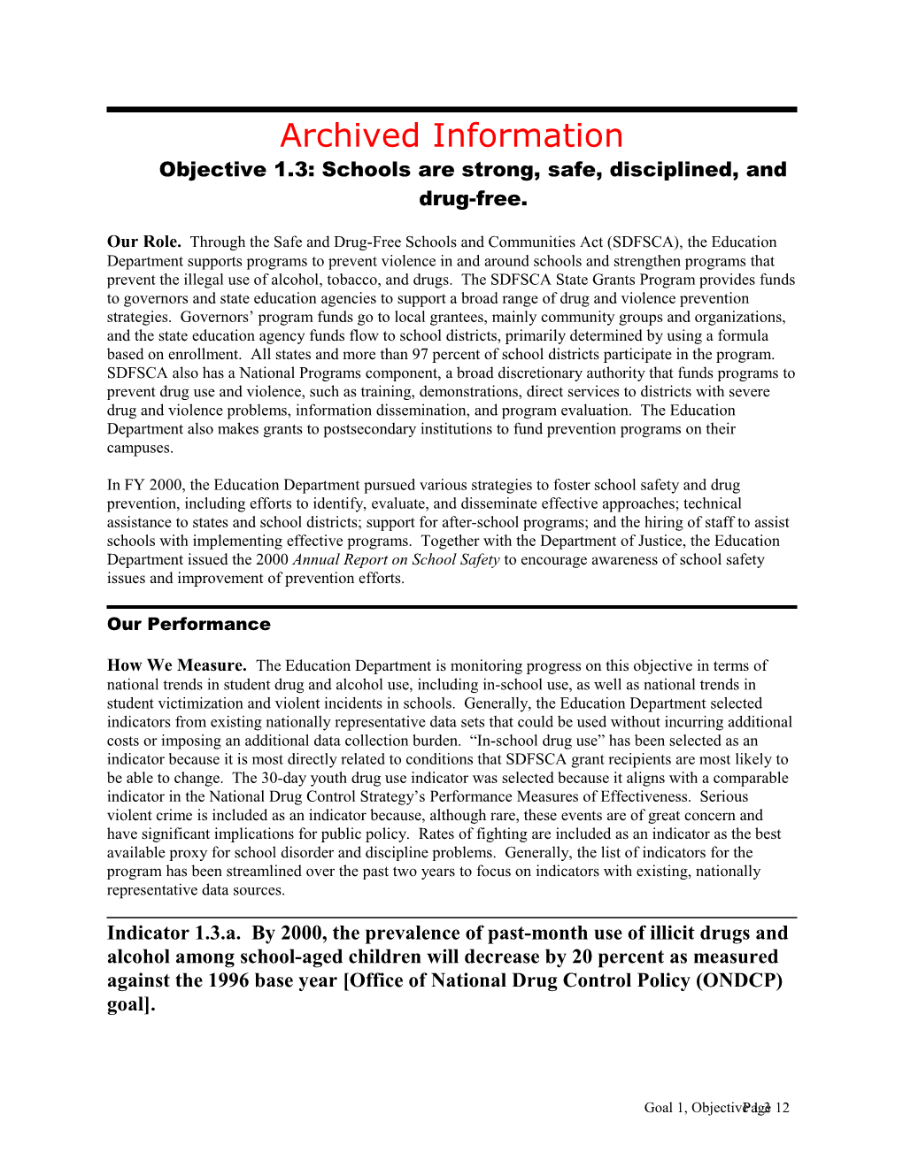 Archived: Objective 1.3: Schools Are Strong, Safe, Disciplined and Drug-Free