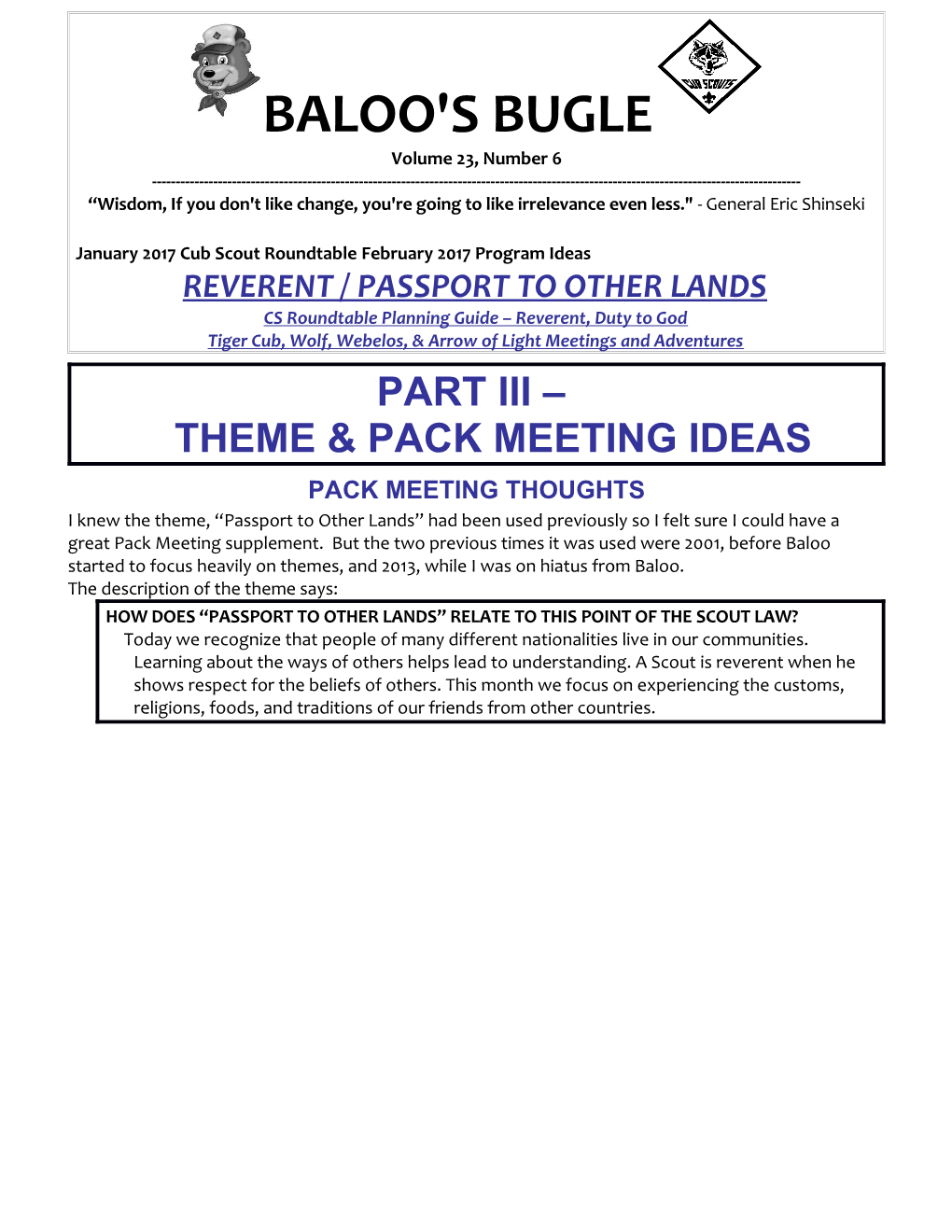 BALOO's BUGLE (Part III - Pack Meeting Ideas February 2017)Page 1