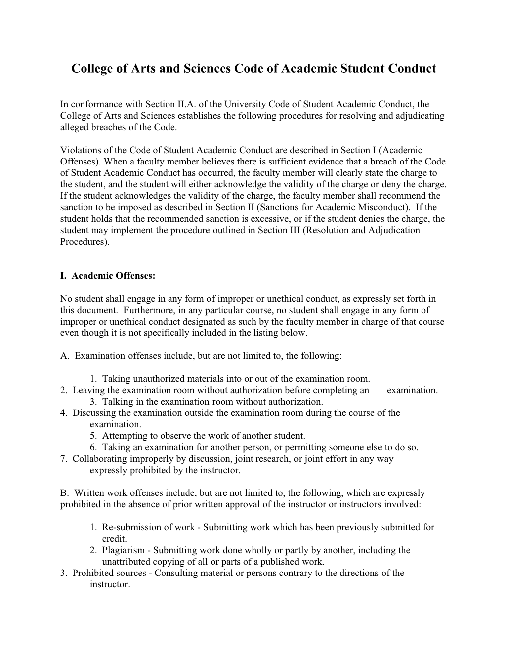 College of Arts and Sciences Code of Academic Student Conduct