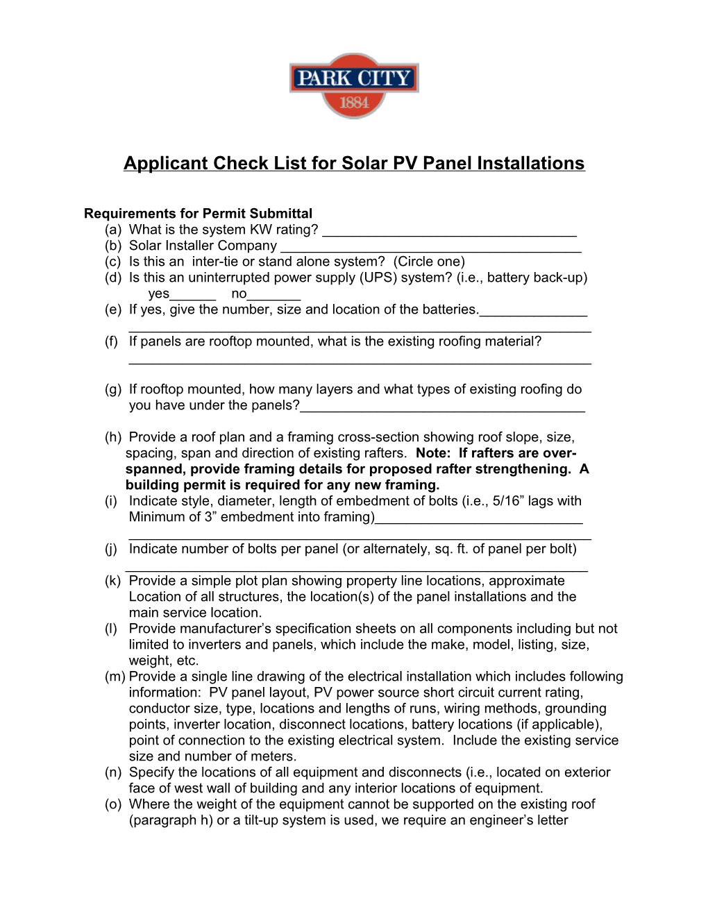 Applicant Check List for Solar PV Panel Installations