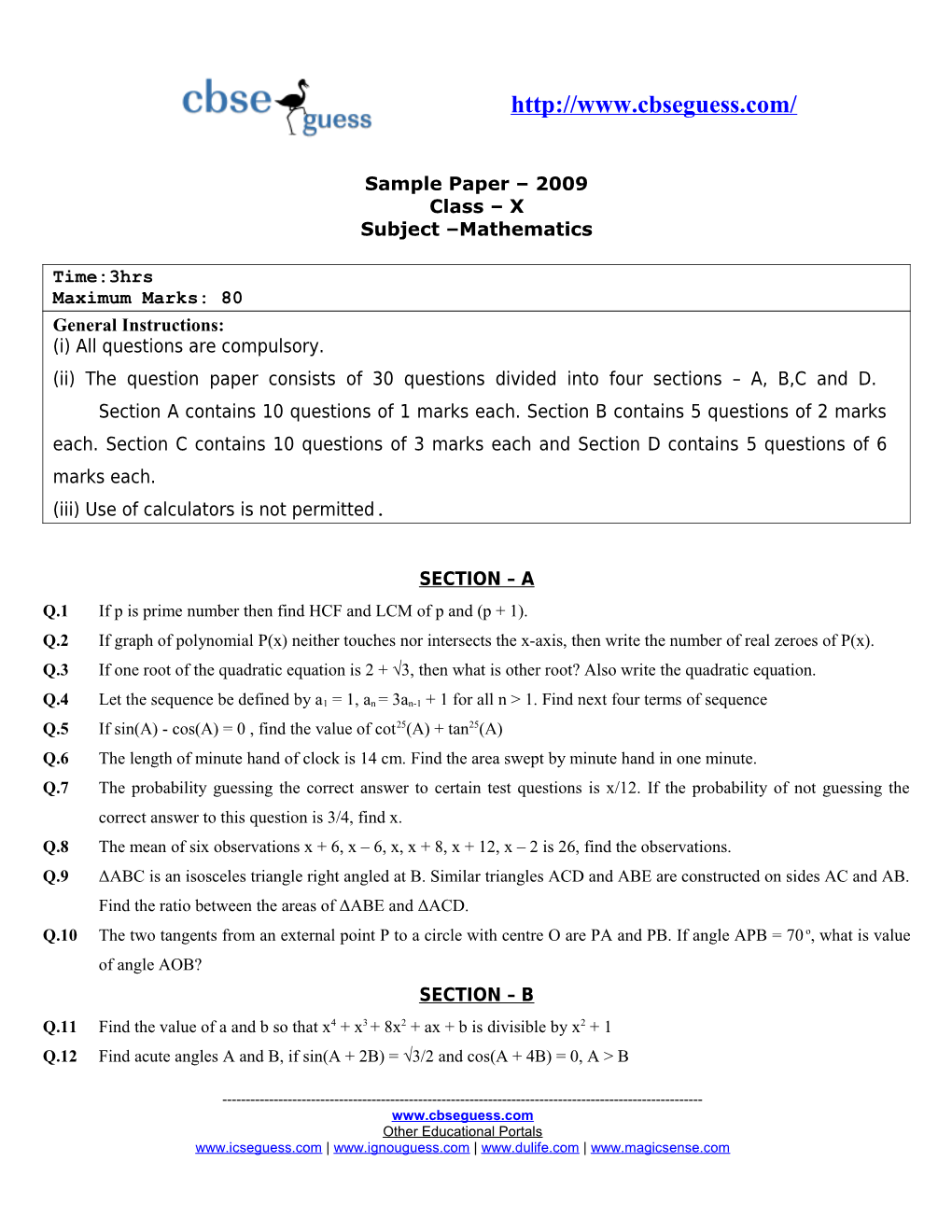 Class X Subject Mathematics