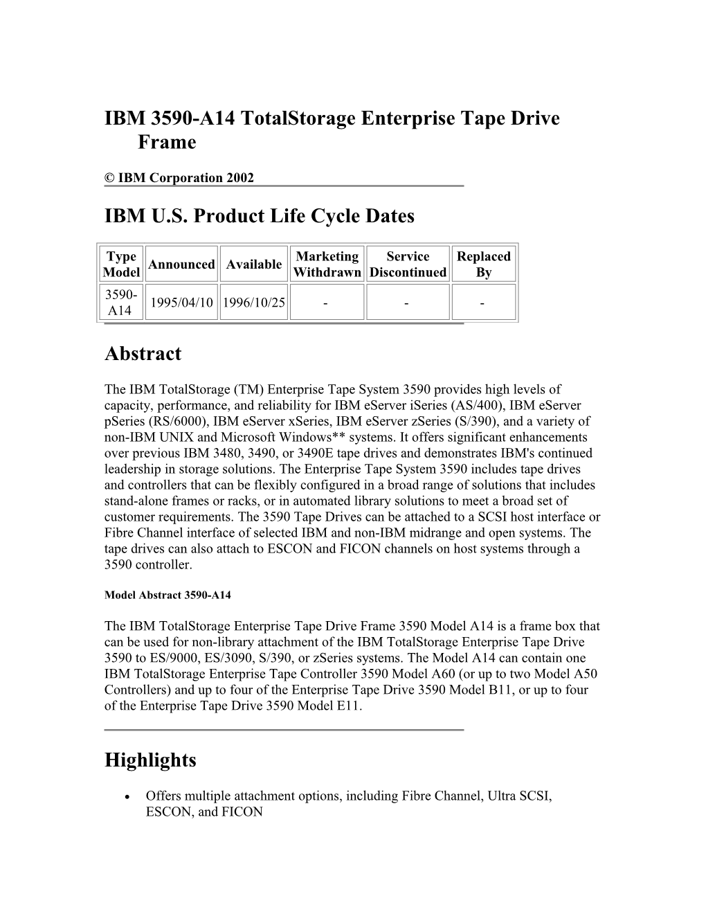 IBM 3590-A14 Totalstorage Enterprise Tape Drive Frame