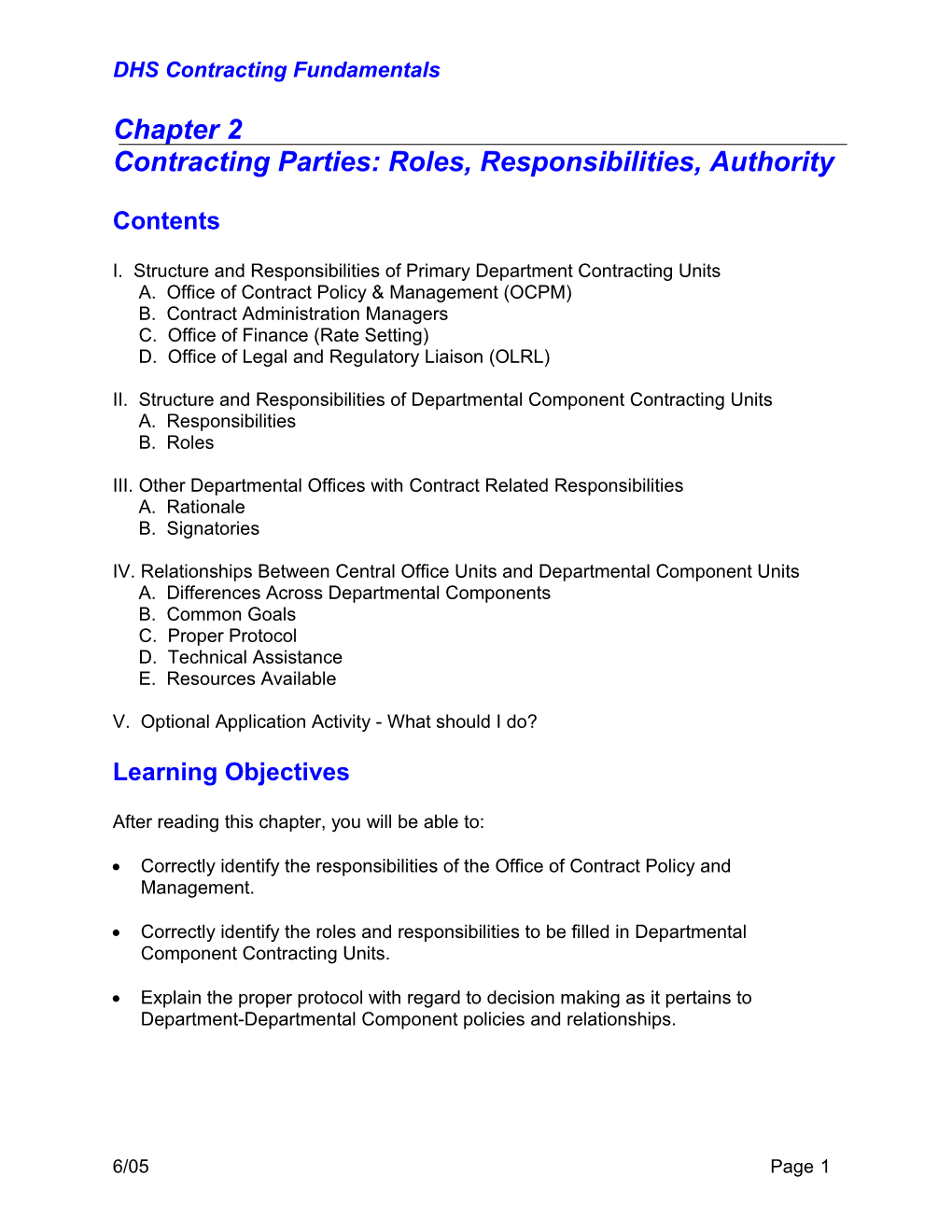 I. Structure and Responsibilities of Primary Department Contracting Units