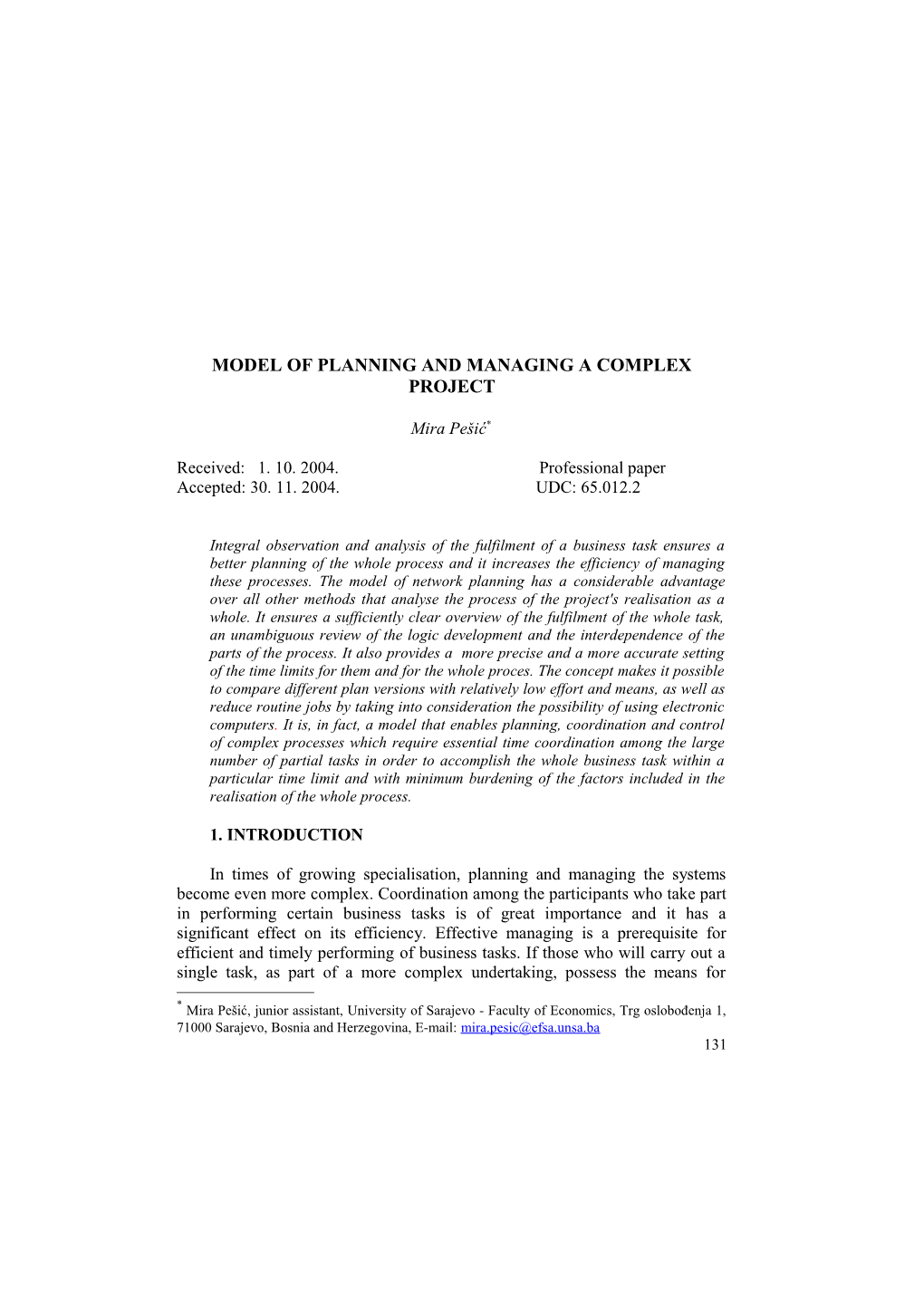 Model of Planning and Managing the Complex Project