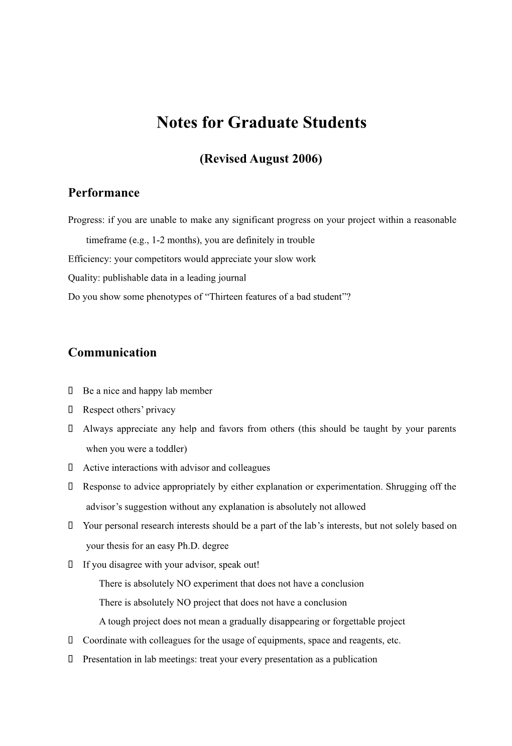 Notes for Graduate Students