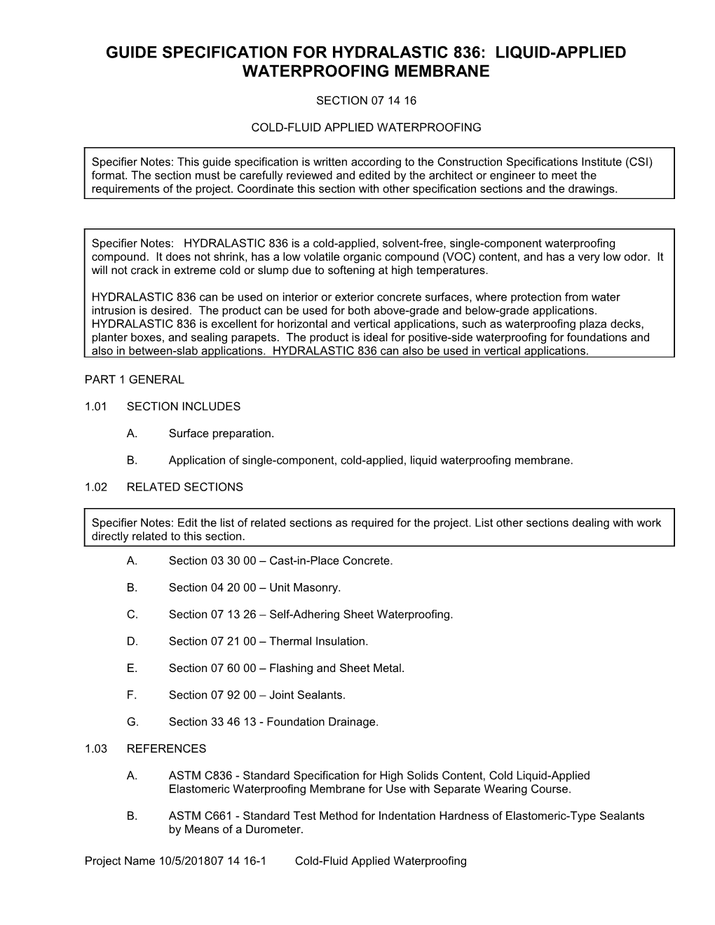 Guide Specification for Hydralastic 836: Liquid-Applied Waterproofing Membrane