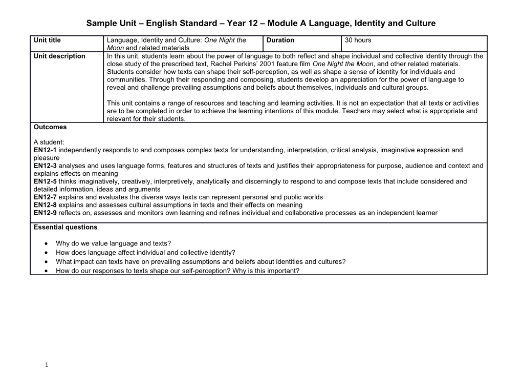 Sample Unit Englishstandard Year 12 Module a Language, Identity and Culture