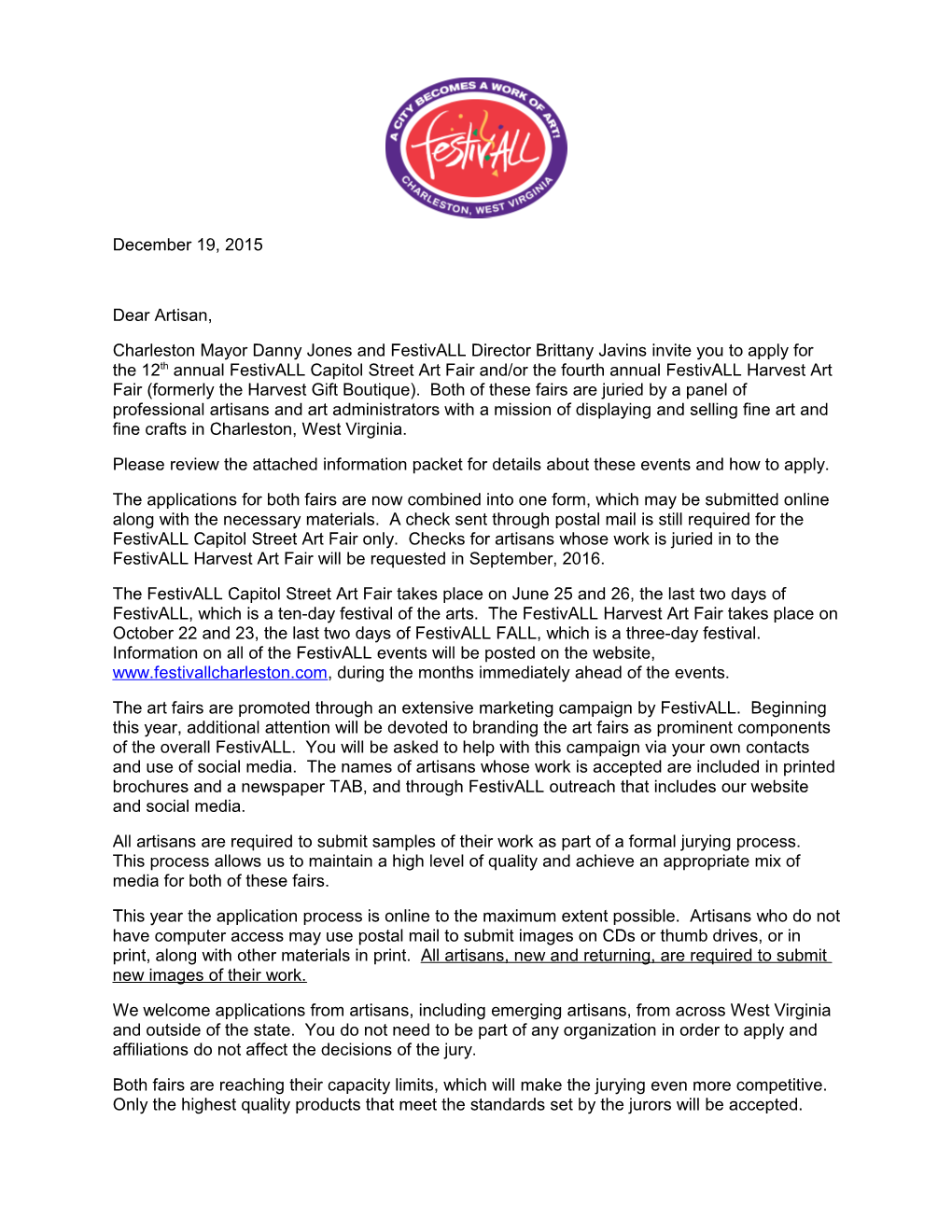 Charleston Mayor Danny Jones and Festivall Director Brittany Javins Invite You to Apply