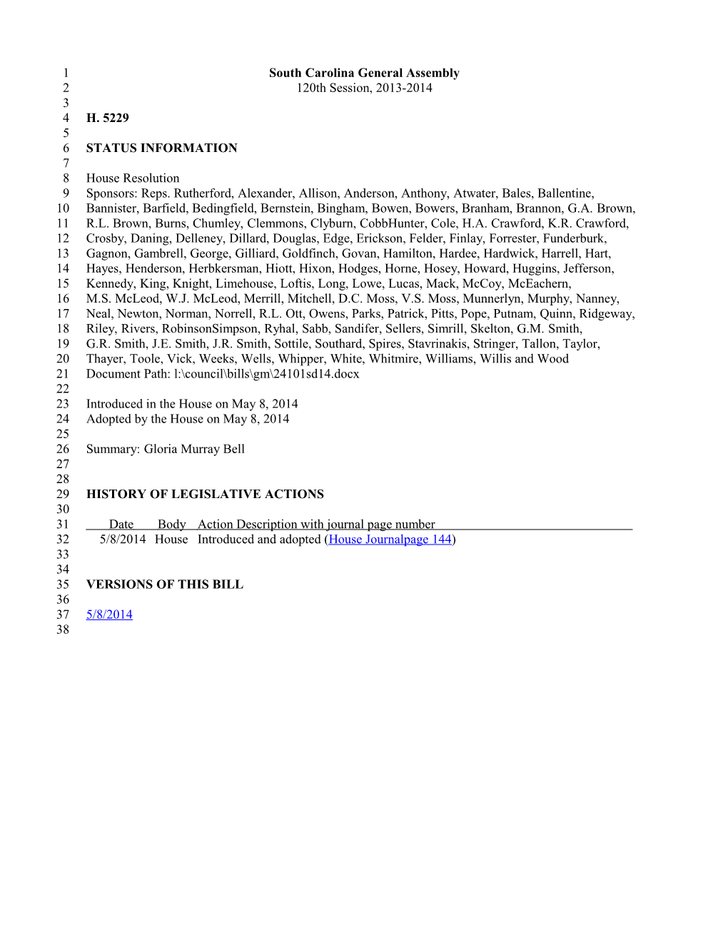 2013-2014 Bill 5229: Gloria Murray Bell - South Carolina Legislature Online