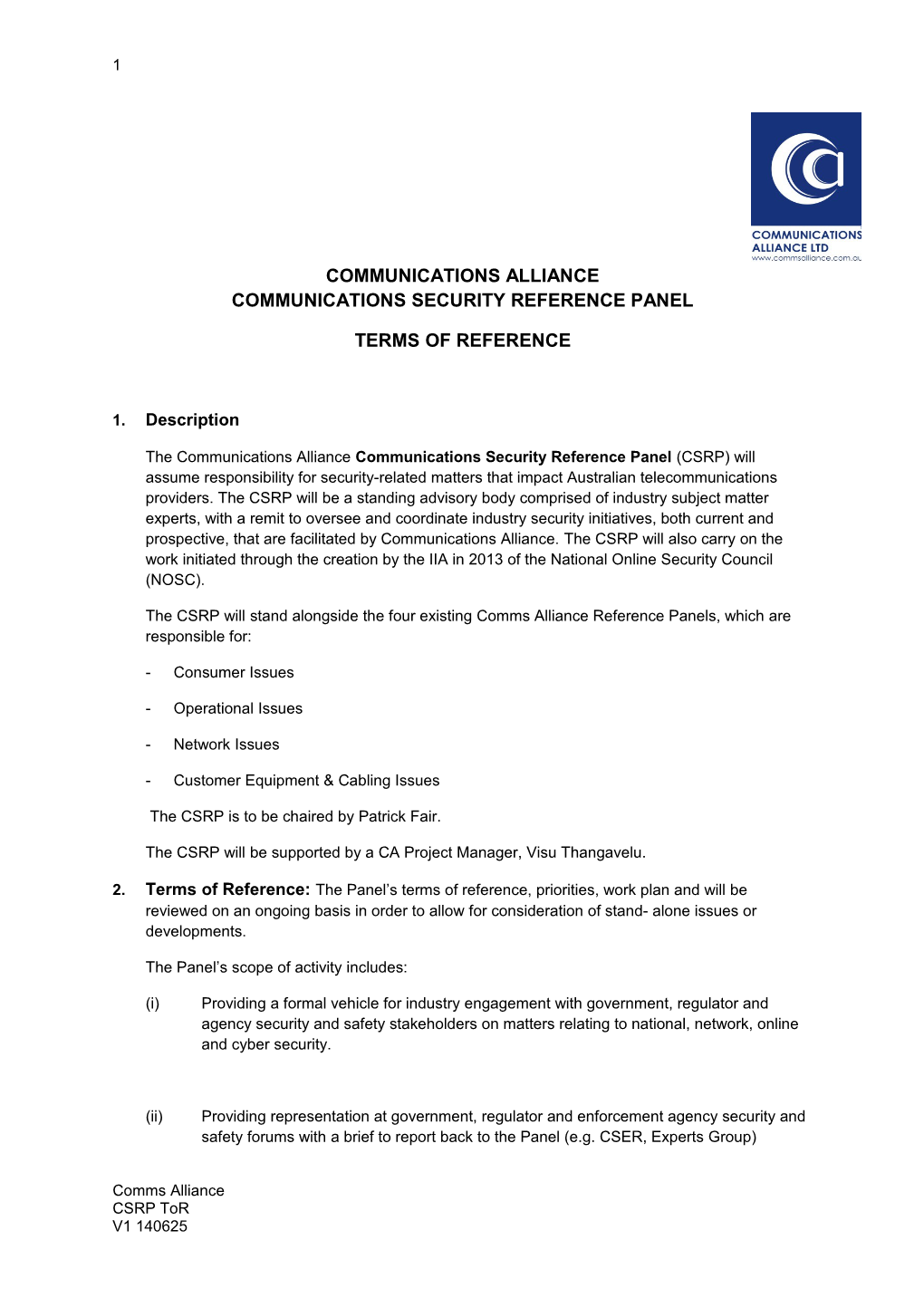 Communications Alliance Communications Security Reference Panel