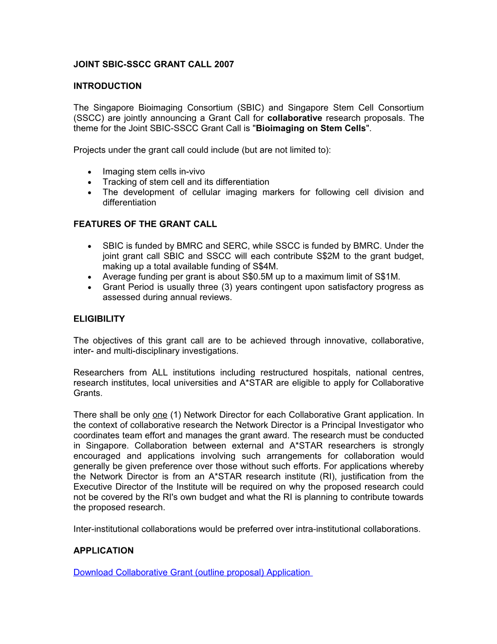 Joint Sbic-Sscc Grant Call 2007