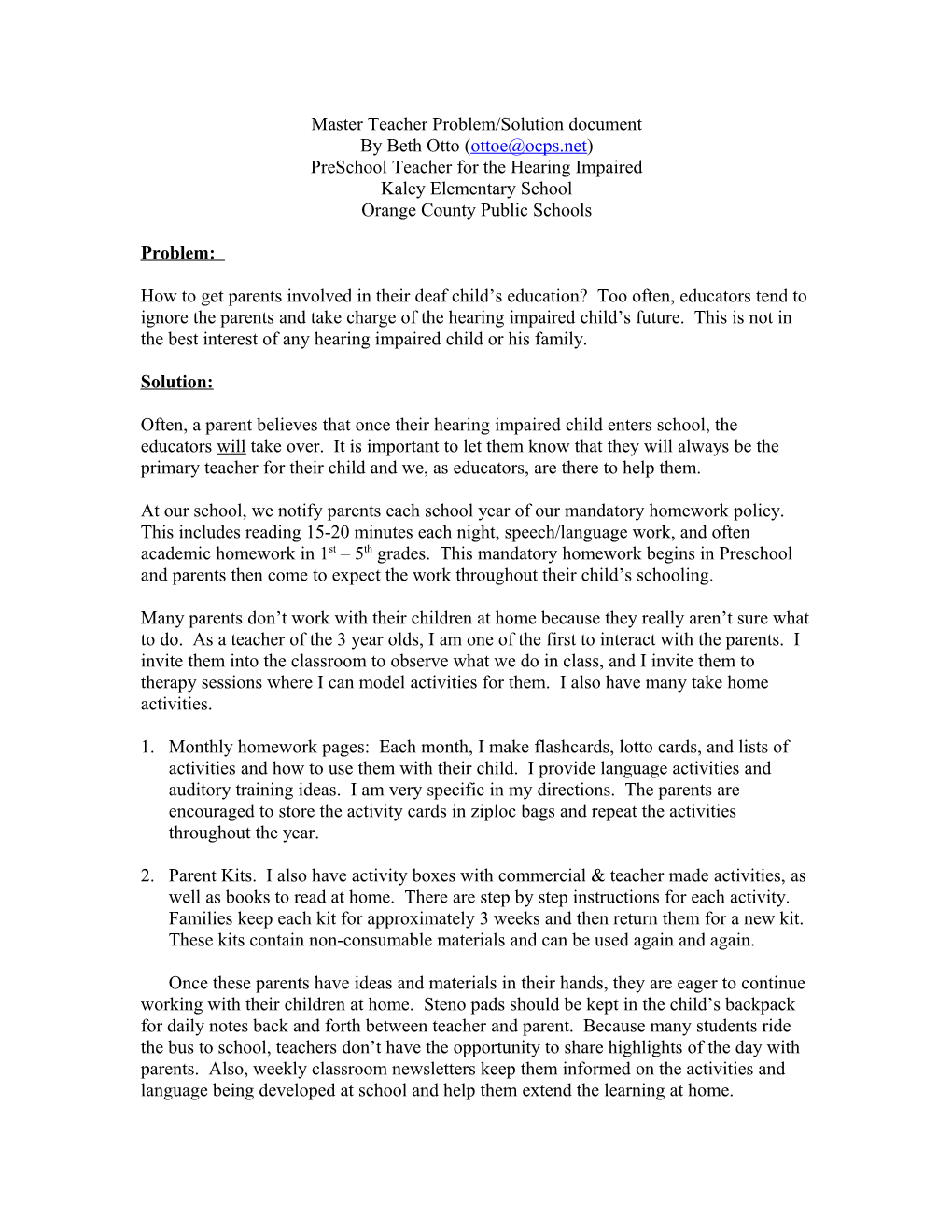 Master Teacher Problem/Solution Document