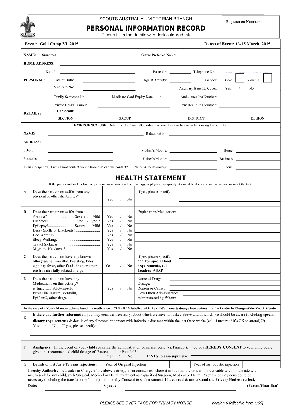 Personal Information Record (Health Form)