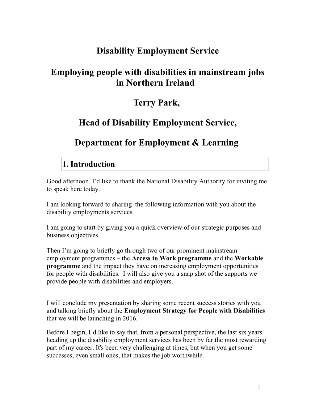 Head of Disability Employment Service