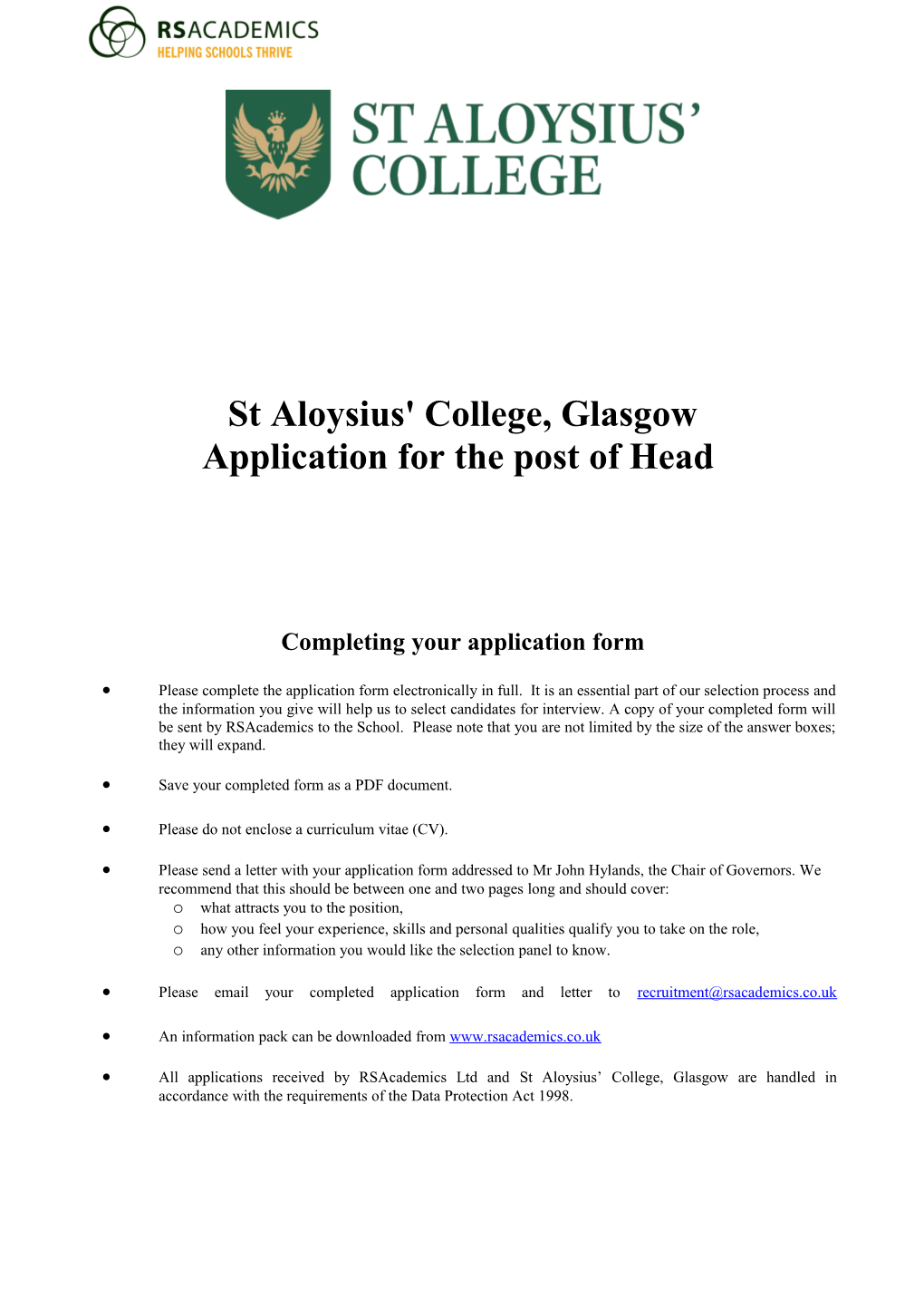 Application for the Post of Head