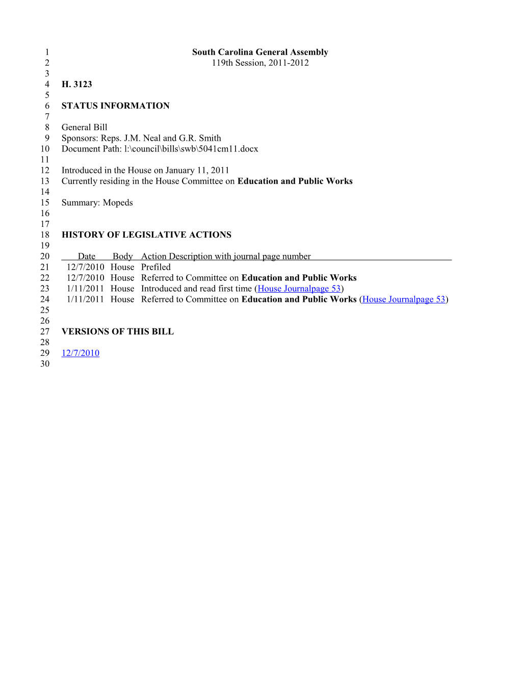 2011-2012 Bill 3123: Mopeds - South Carolina Legislature Online