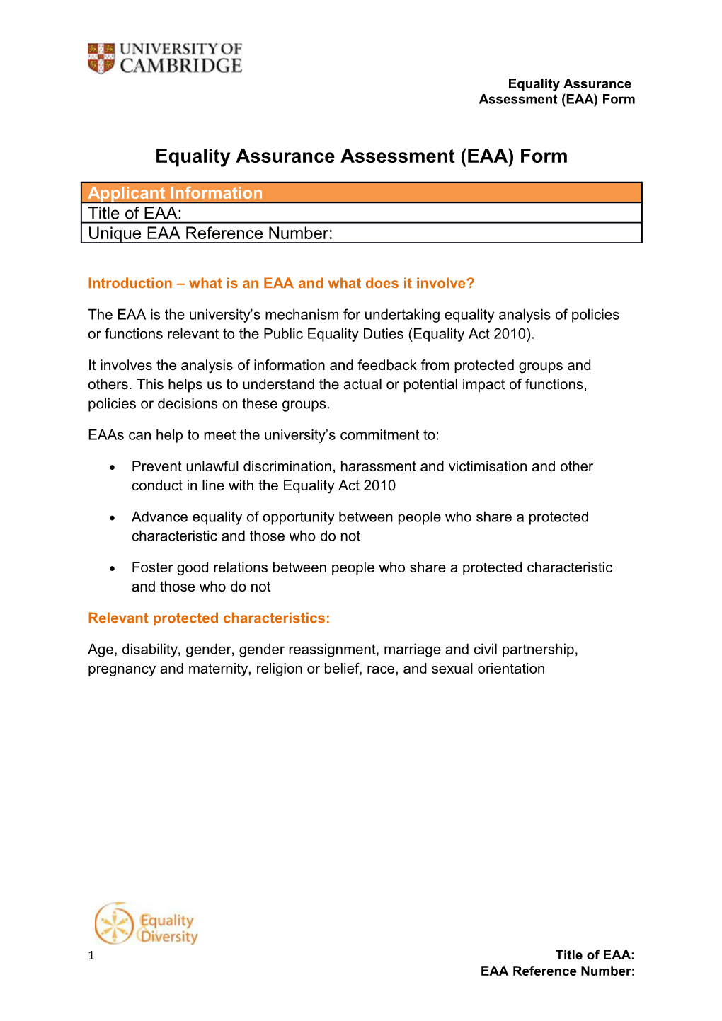 Equality Assurance Assessment (EAA) Form