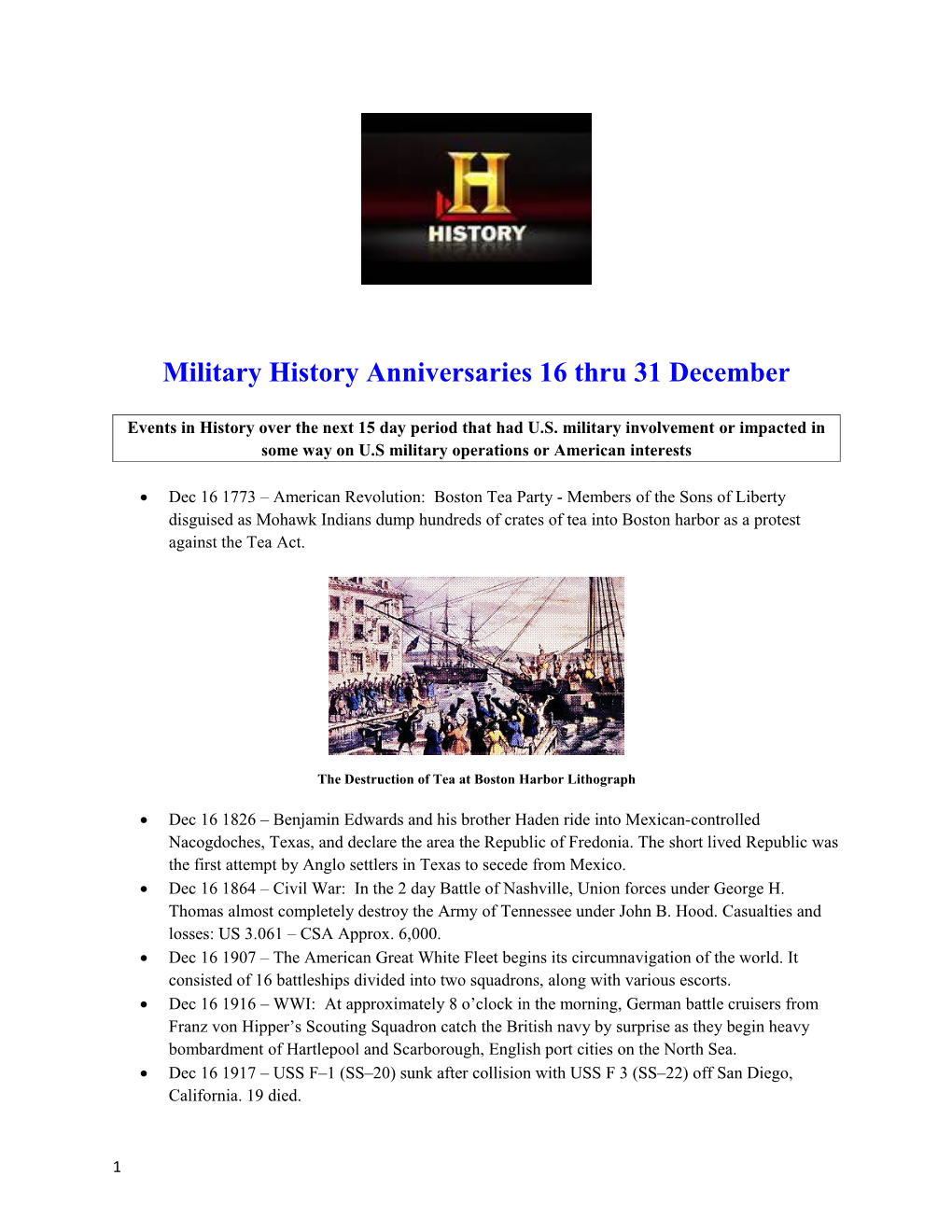 Military History Anniversaries 16 Thru 31December
