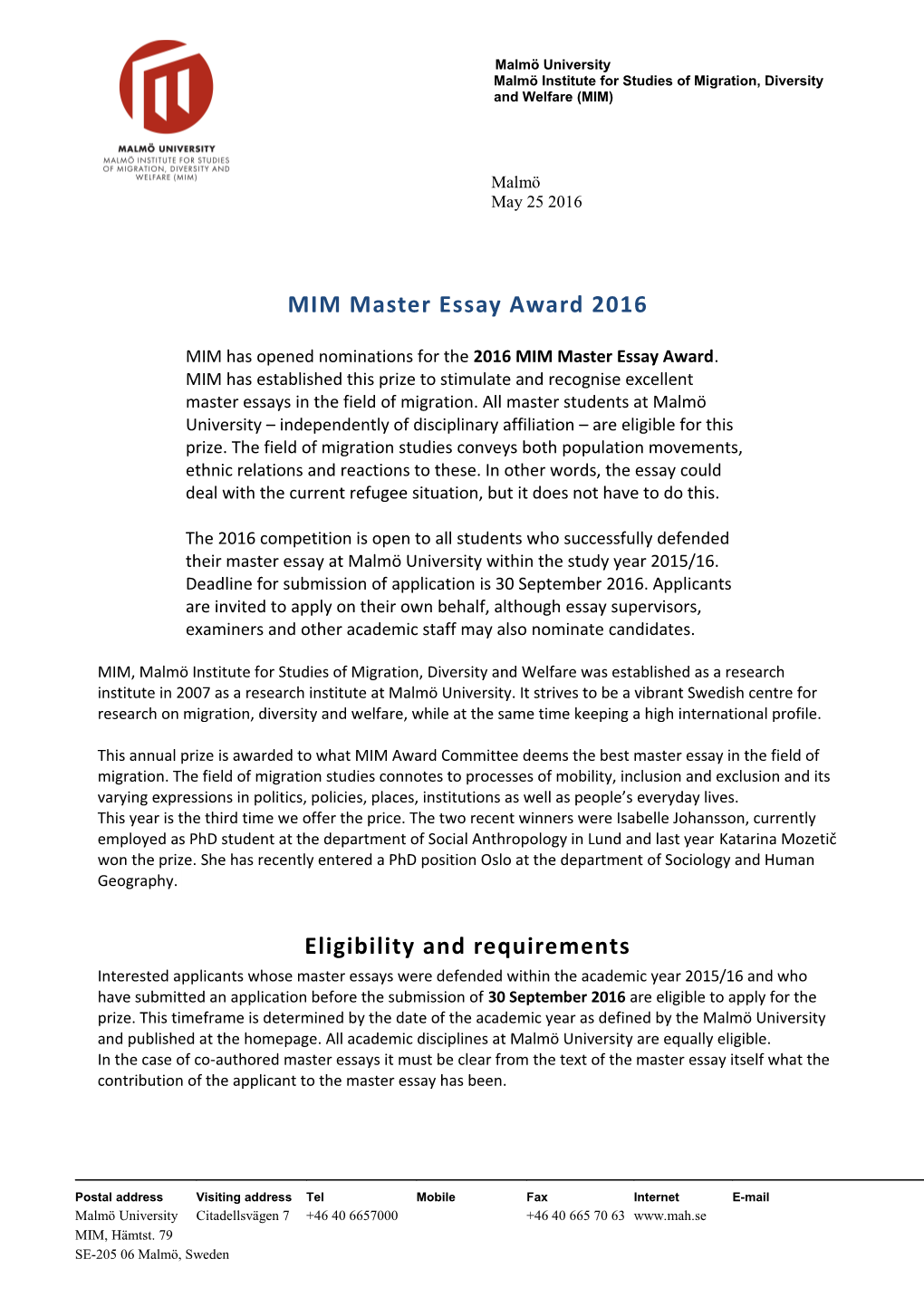 MIM Master Essay Award 2016