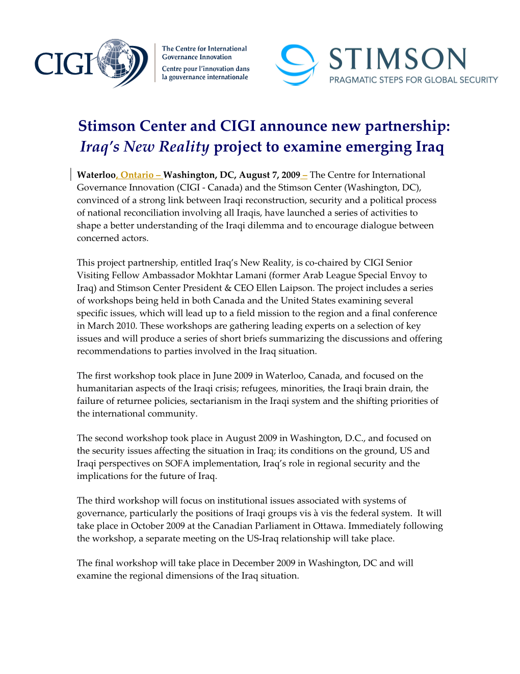Stimson Center and CIGI Announce New Partnership:Iraq S New Reality Project to Examine