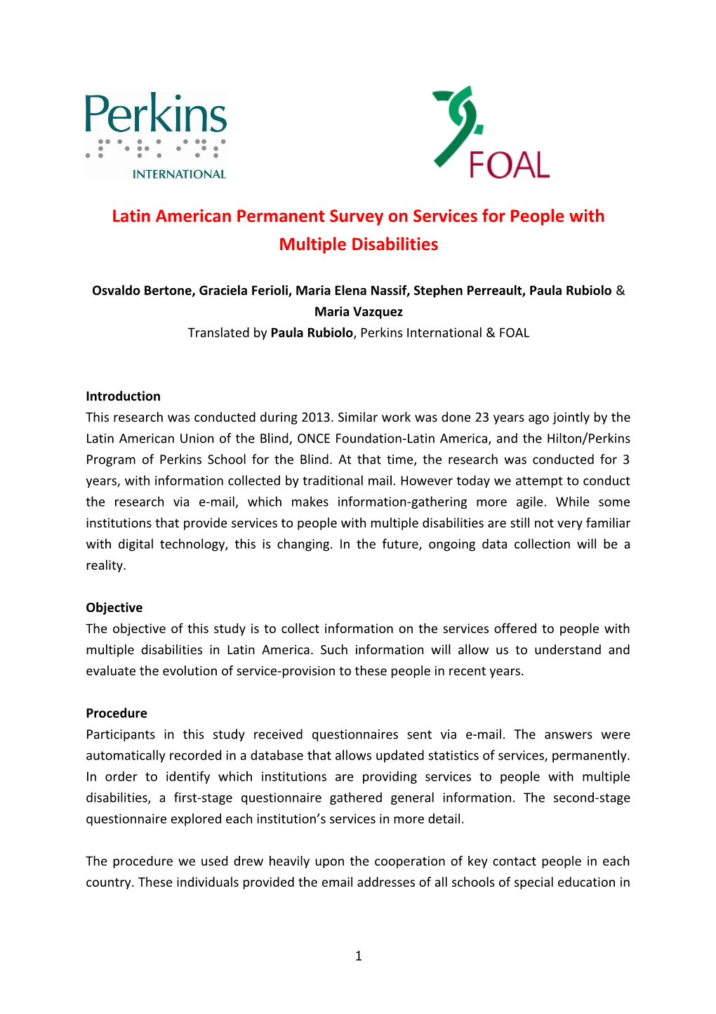 Latin American Permanent Survey on Services for People with Multiple Disabilities