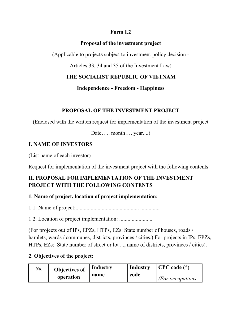 Proposal Ofthe Investment Project