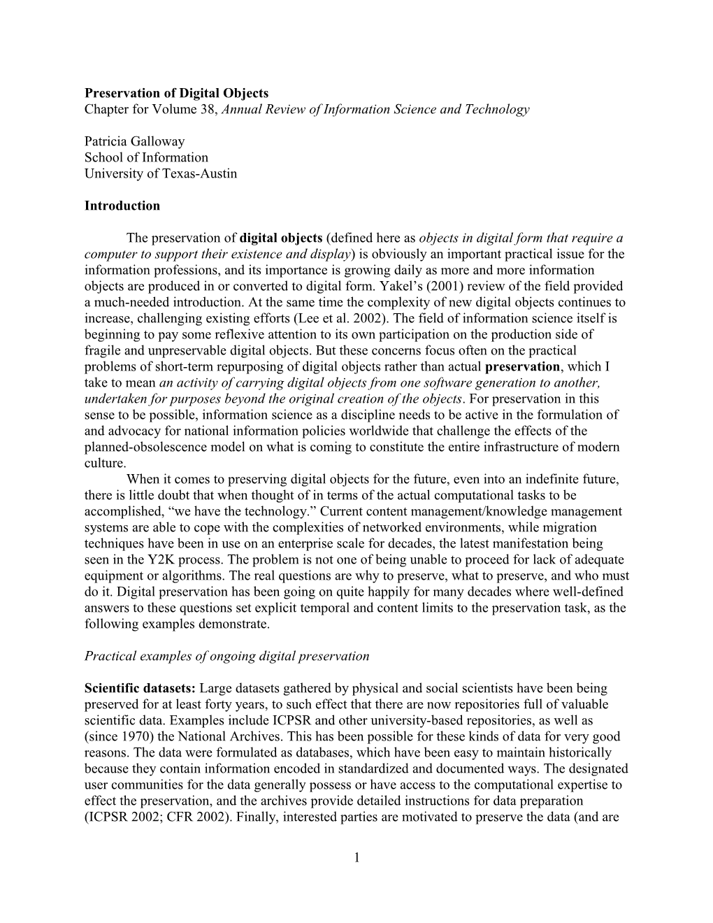 The Preservation of Electronic Records:ARIST Chapter Revisiondraft