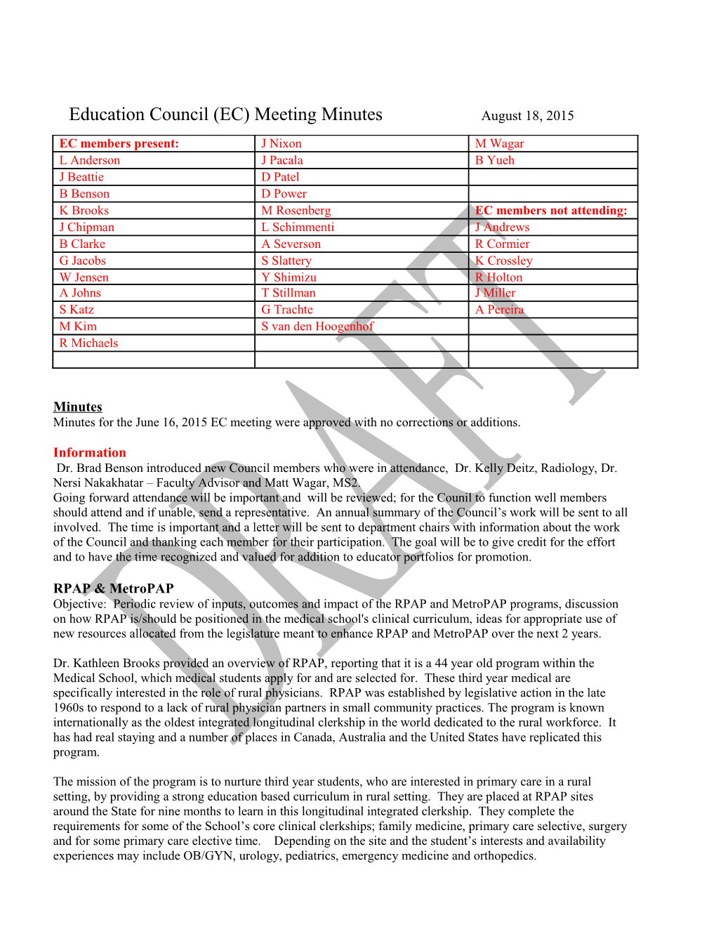 Education Council (EC) Meeting Minutes August 18, 2015