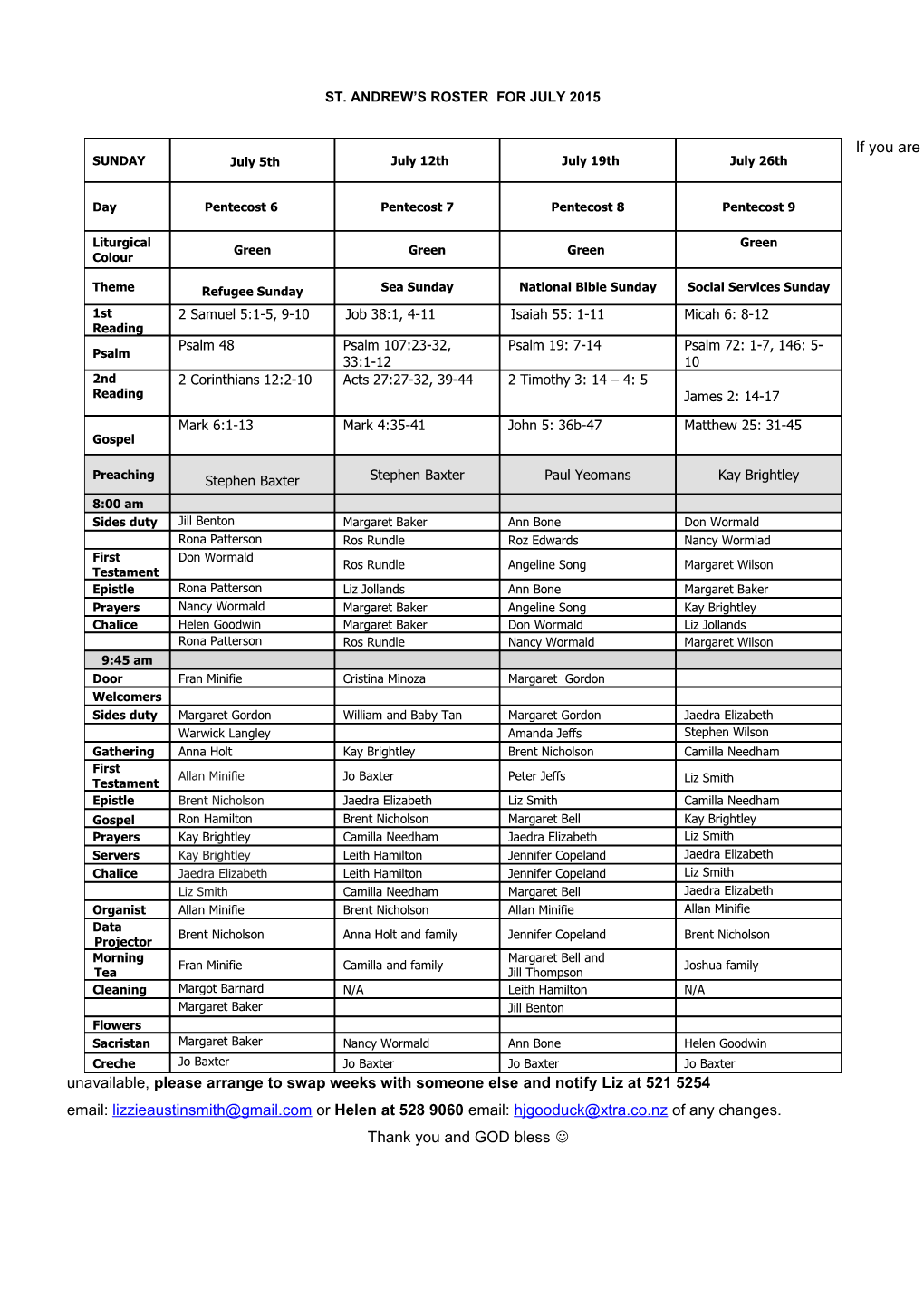 St. Andrew S Roster for July 2015