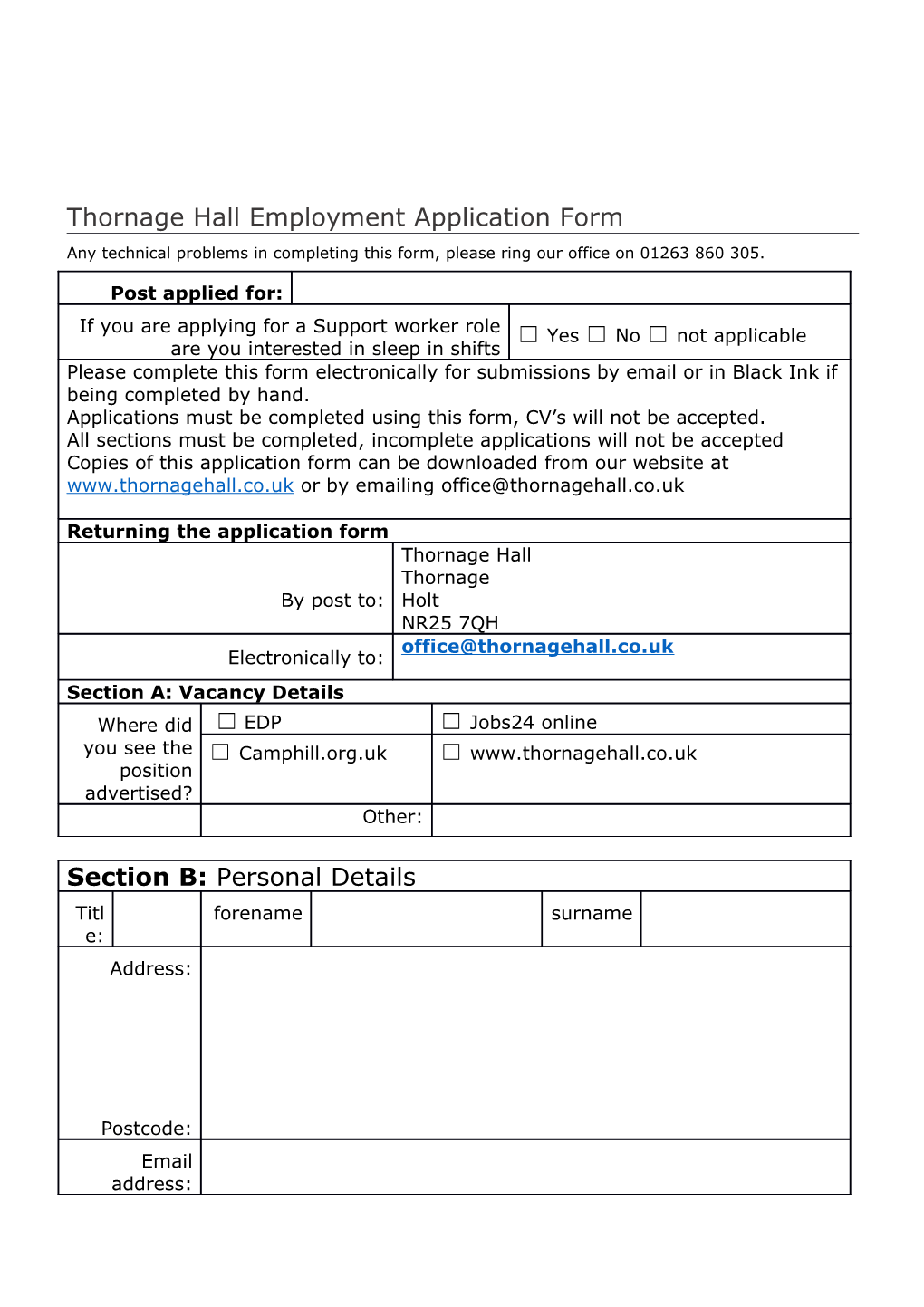 Thornage Hall Employment Application Form