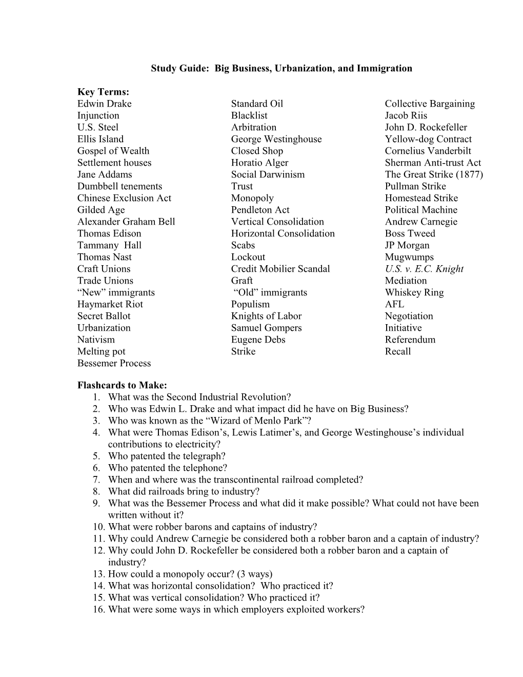 Study Guide: Big Business, Urbanization, and Immigration