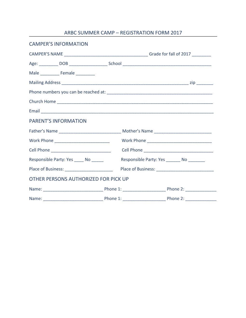Arbc Summer Camp Registration Form 2017