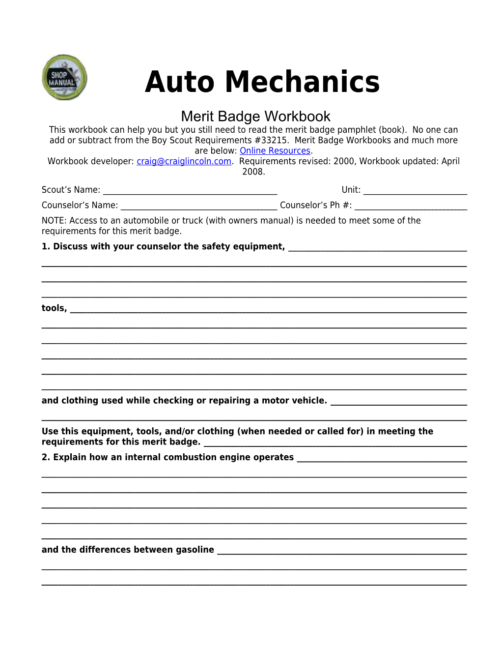 Auto Mechanics P. 1 Merit Badge Workbookscout's Name: ______
