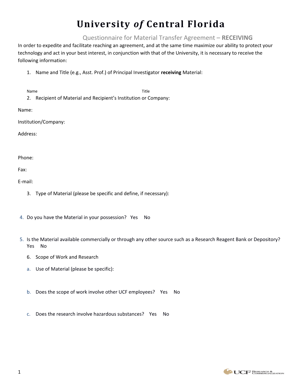 Questionnaire for Material Transfer Agreement RECEIVING